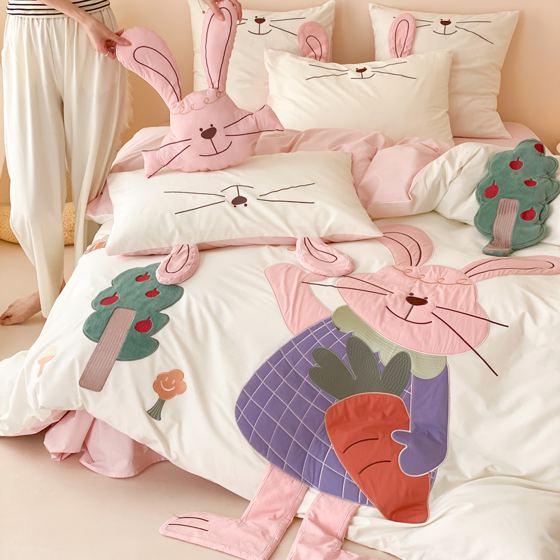 卡通可爱全棉水洗棉四件套儿童立体刺绣兔子床上用品纯棉床单被套