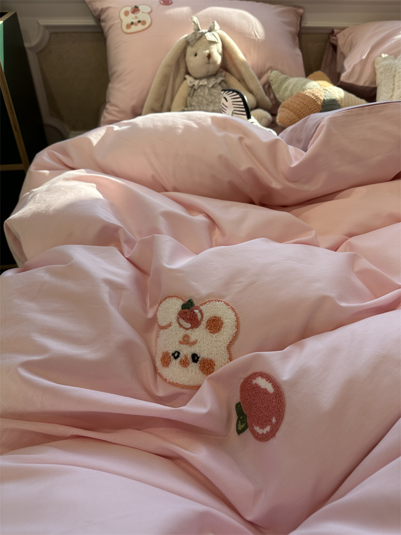 ins粉色兔子刺绣水蜜桃床上四件套全棉纯棉被套床单三件套少女心