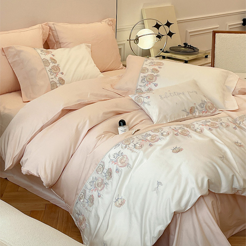法式床单四件套全棉纯棉100支长绒棉绣花粉色被套公主风床上用品