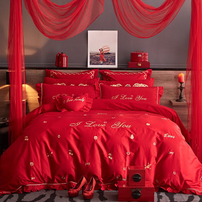欧式婚庆四件套大红床单刺绣纯棉结婚简约被套全棉新婚床上用品
