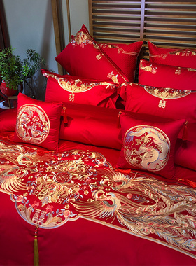 新中式豪华婚庆刺绣凤与凰纯棉四件套结婚绣花大红多件套床上用品