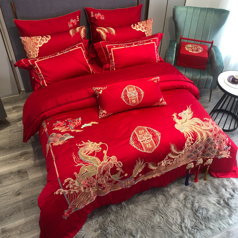 新中式传统龙凤婚庆四件套大红色刺绣结婚全棉六件套纯棉床上用品