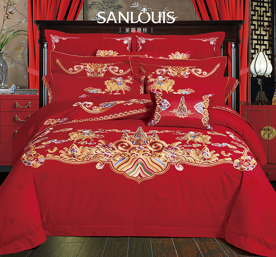 圣路易丝婚庆十一件套大红色全棉刺绣结婚床上用品新婚喜被套件