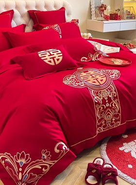 新中式龙凤刺绣100支婚庆四件套大红色纯棉床单被套结婚床上用品4