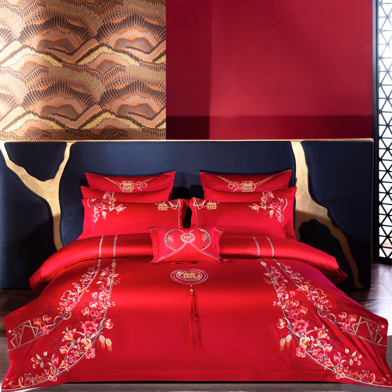 婚礼床上用品大红色婚庆结婚四件套140支简约刺绣婚床被套十件套