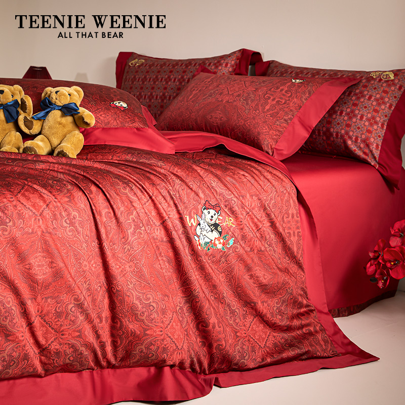 Teenie Weenie小熊全棉刺绣婚庆四件套床上用品大红床单被套新婚
