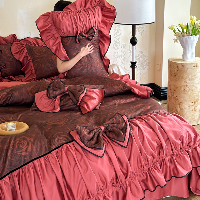 法式浪漫100支长绒棉婚庆四件套全棉少女心红色结婚纯棉床上用品