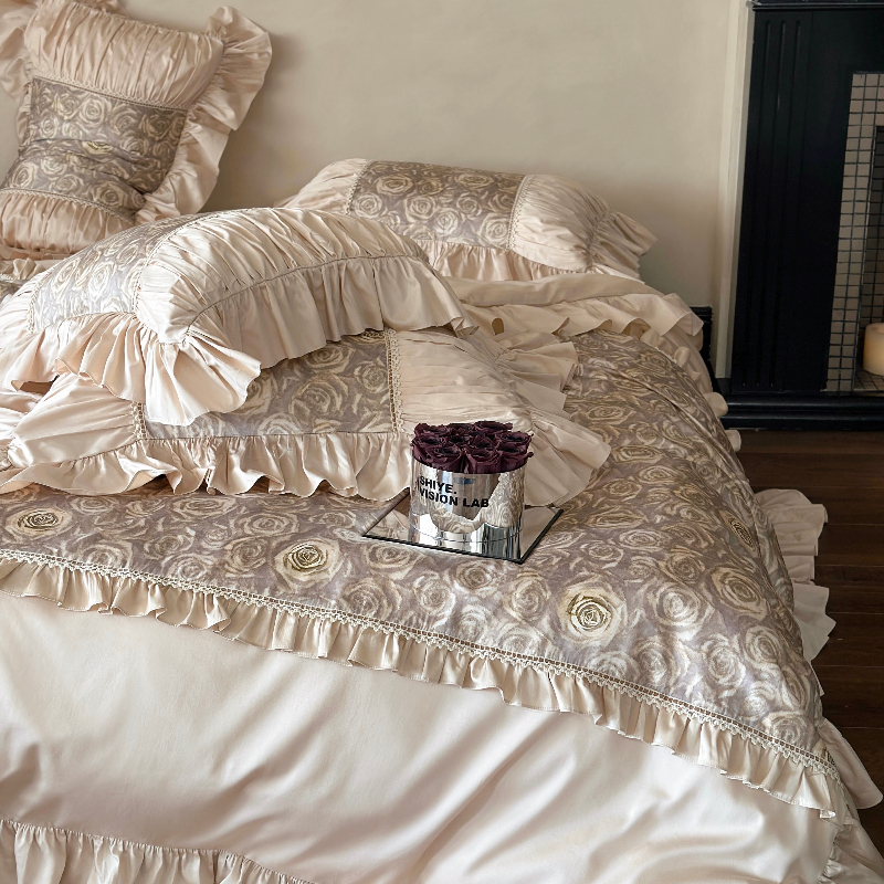 法式浪漫复古风玫瑰全棉长绒棉床上四件套纯棉印花荷叶边被套床单