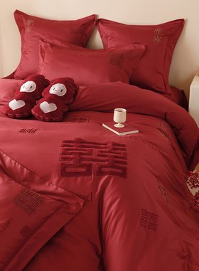 新中式婚庆床品100支全棉红色喜字刺绣结婚被套床单1.8床笠四件套