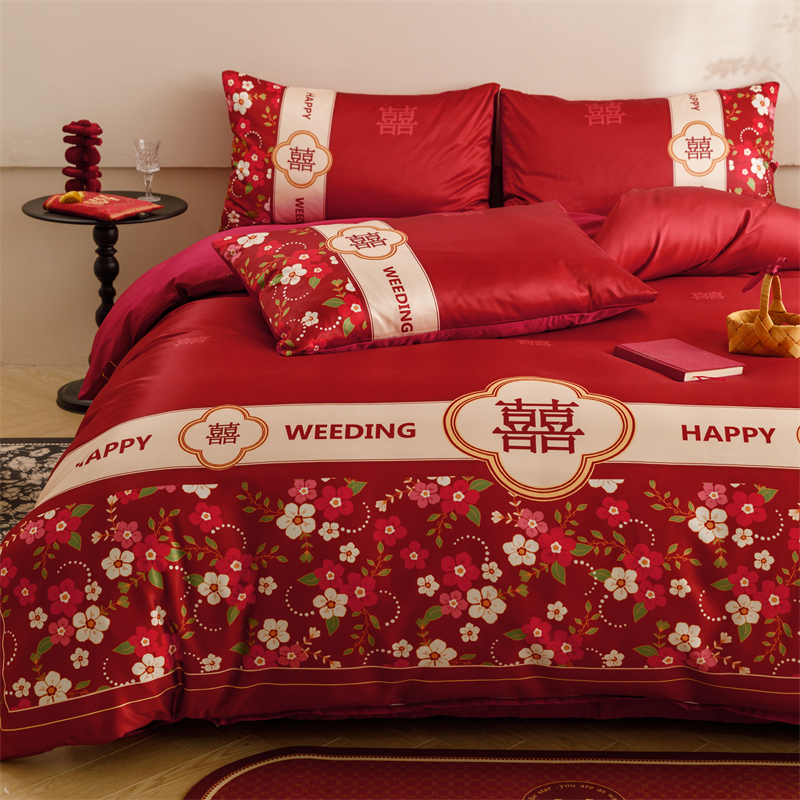 高档中式简约婚庆四件套大红色床单被套纯棉结婚床上用品婚房陪嫁