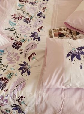 EASY家纺 浅紫色斜纹纯棉四件套 优雅大气刺绣花 田园风外贸床品