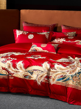 恒洽家纺中式龙凤婚庆100支全棉四件套大红色被套床盖款床上用品