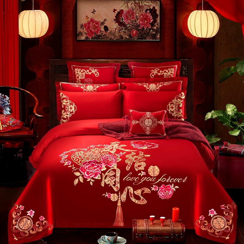 全棉刺绣婚庆四件套结婚大红床单床上用品喜被婚嫁婚床新婚房红色