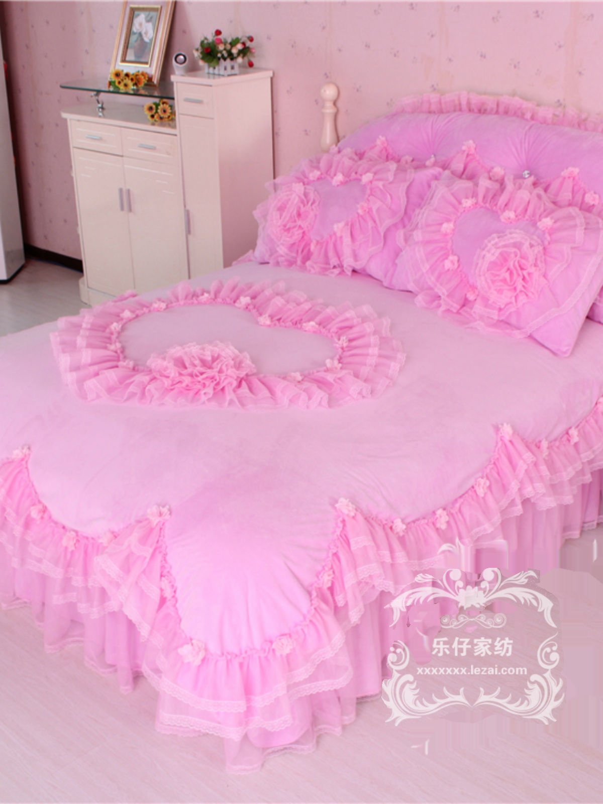 冬床裙式新款绗缝花边四件套少女心双面绒床单床罩被套紫色家纺