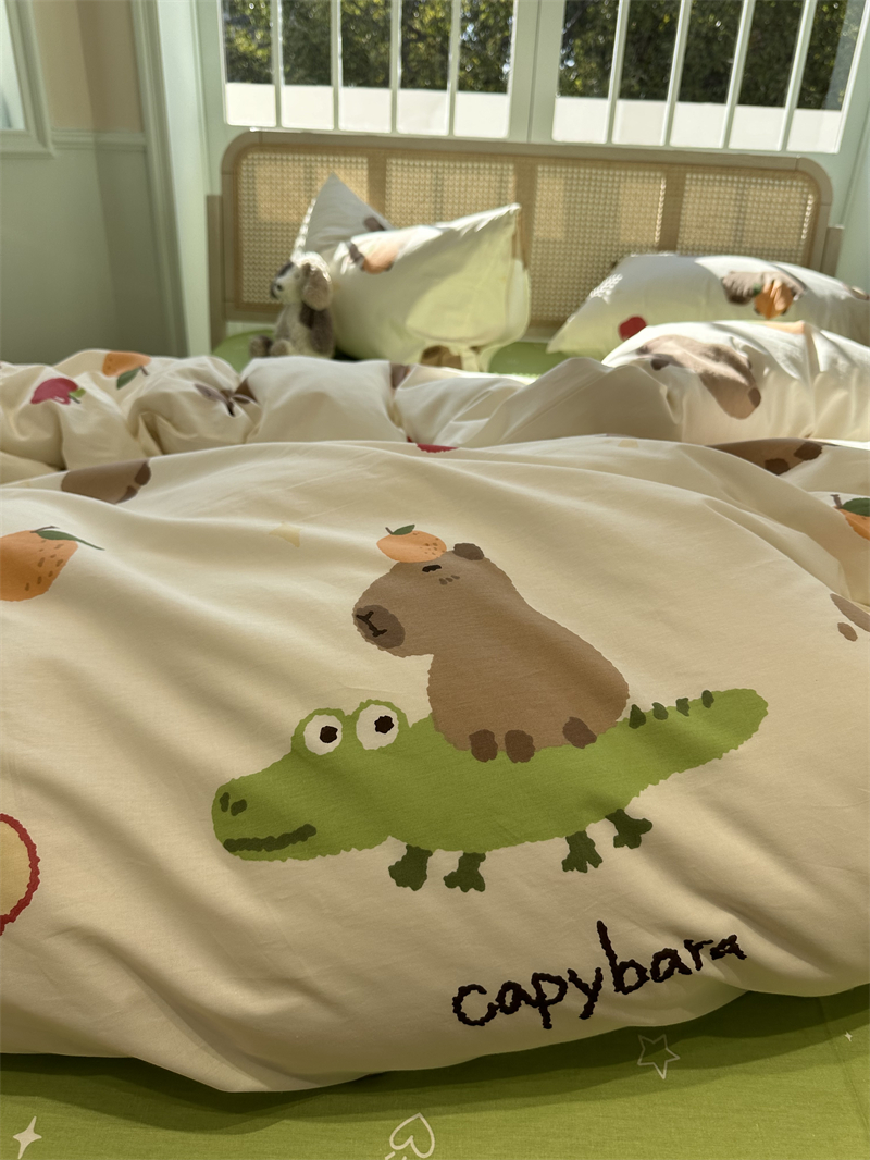 可爱卡通鳄鱼水豚全棉纯棉四件套1.5m1.8童心宿舍被套床单三件套