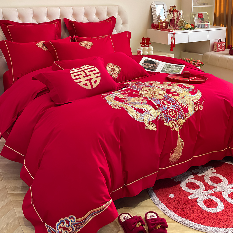 高档中式红色结婚四件套纯棉全棉刺绣被套床单六件套婚庆床上用品