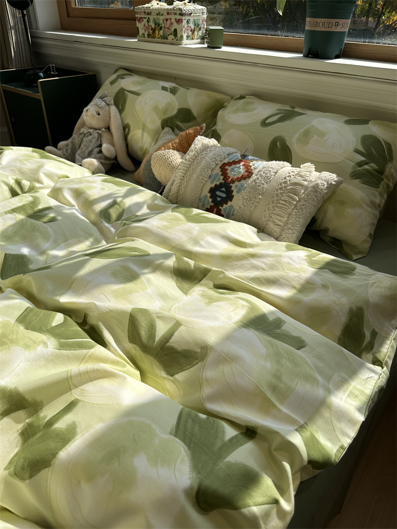 ins绿色油画写意床上四件套全棉纯棉郁金香1.5m米被套床单三件套