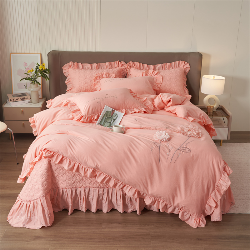 色织全棉床盖款四件套韩式少女心纯棉床单被套罩四季通用床上用品