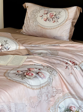 法式轻奢风60S双面天丝棉四件套复古风印花丝滑凉感被套床上用品