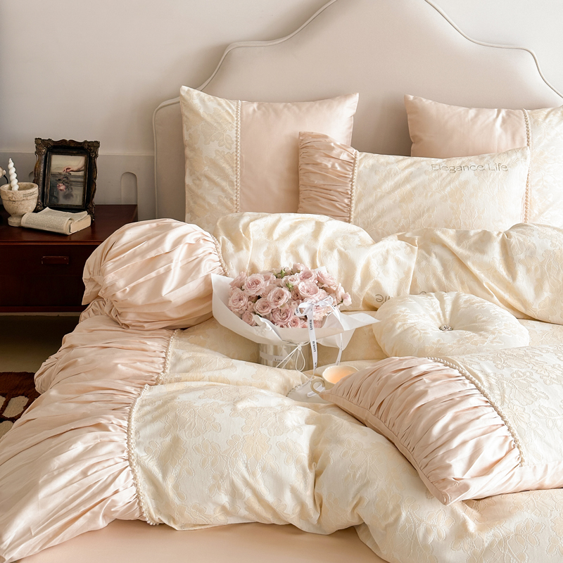 法式公主风120支全棉长绒棉四件套纯棉褶皱花边被套床单床上用品