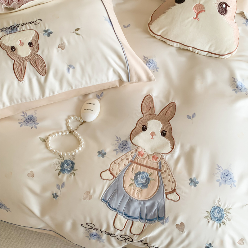 温柔治愈系兔兔刺绣天丝棉四件套柔软冰丝纯棉床上用品床单被套