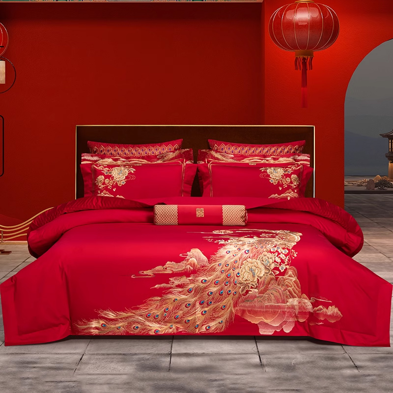 高档新中式婚庆床上用品四件套大红色床单刺绣喜庆被套结婚十件套