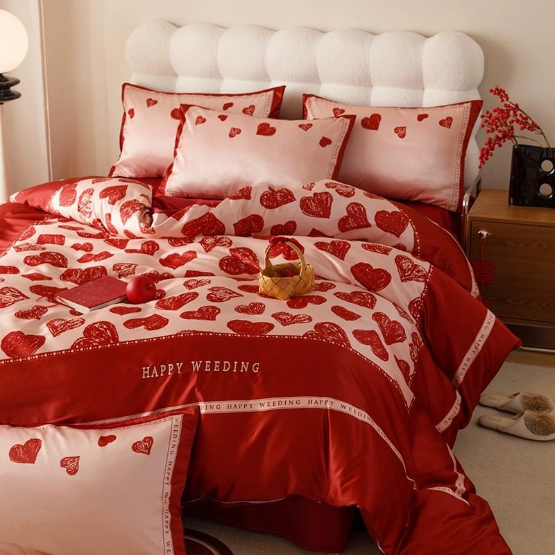 纯棉爱心结婚四件套红色备婚床单被套全棉新婚庆床上用品婚房喜被