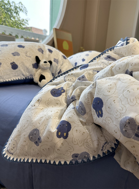 A类母婴双层纱布丁兔蓝可爱四件套全纯棉1.5m1.8米被套床单三件套