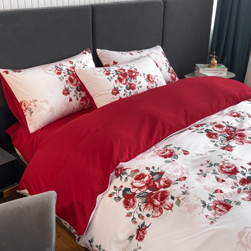 高档奢华中式印花婚庆四件套大红色纯棉床单被套全棉结婚床上用品