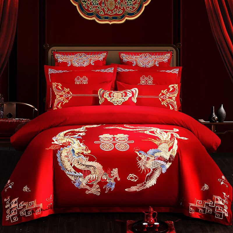 婚庆四件套大红全棉刺绣结婚龙凤喜庆中式套件纯棉新婚房床上用品