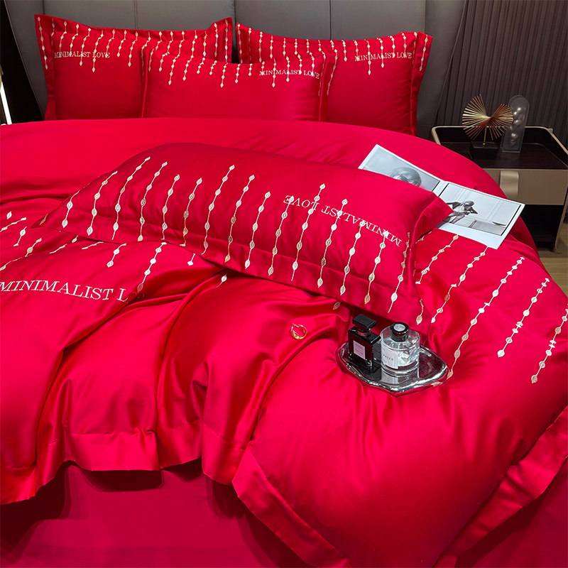 高档简约刺绣结婚四件套大红色床单被套纯棉婚庆床上用品婚房喜被