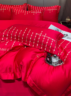 高档简约刺绣结婚四件套大红色床单被套纯棉婚庆床上用品婚房喜被