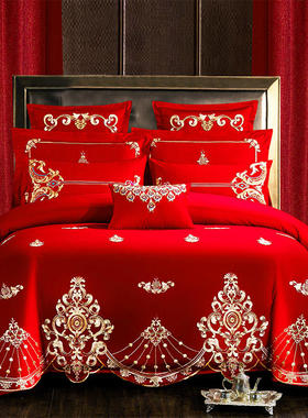 婚庆四件套大红全棉刺绣结婚被套六八十件套纯棉新婚房床上用品