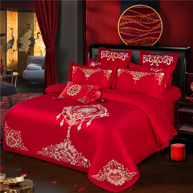安琪尔全棉婚庆四件套纯棉结婚床上用品新婚床品套件红色刺绣套件