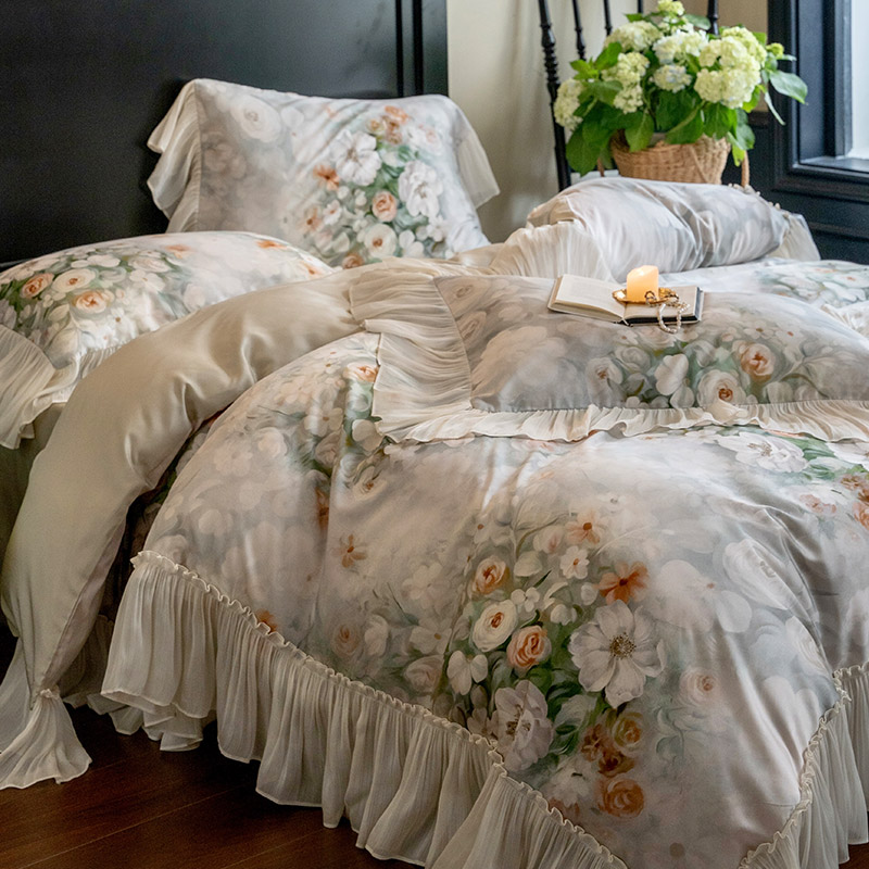 法式少女60S天丝棉凉感四件套春夏浪漫花卉印染被套床上用品1.8m