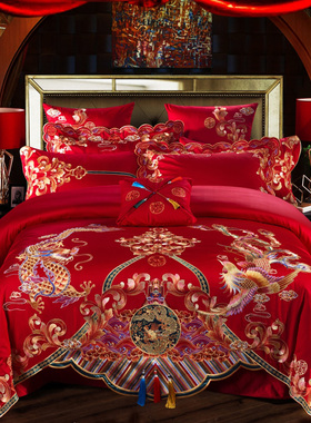中式大红色纯棉婚庆四件套龙凤刺绣全棉结婚六件套十件套床上用品