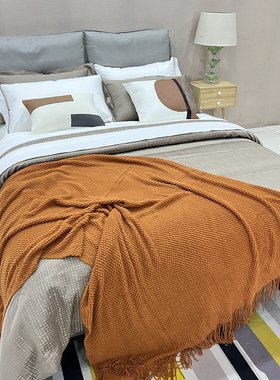 展厅样板间 家具配套床品 轻奢意式软体 简约软装床品多件套 驼橘
