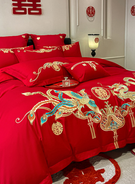 南通家纺龙凤刺绣结婚四件套大红色纯棉全棉被罩婚庆喜被床上用品