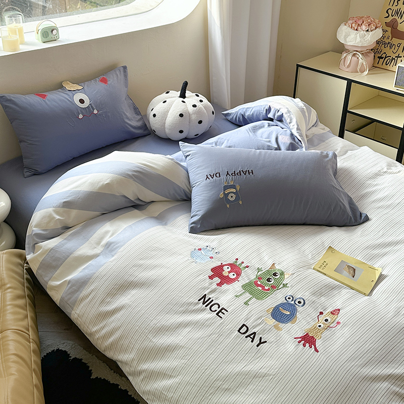 韩式全棉水洗棉刺绣花儿童卡通床上用品三件套纯棉被套床单四件套
