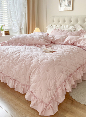轻奢粉色夹棉床单被套床上四件套100全棉纯棉网红公主风床裙床品4
