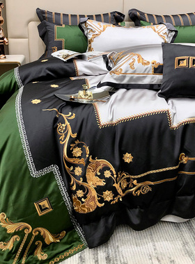 奢华大气欧式锦缎刺绣床上用品四件套高档别墅被套绿色六八十件套