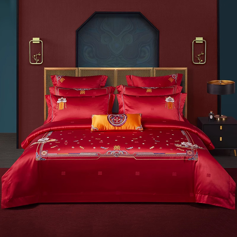 高端婚庆刺绣十件套大红色真丝棉结婚礼床单绣花被罩床上用品套件