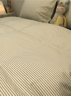 ins简约条纹四件套 全棉纯棉北欧1.5m1.8米被套床单床上灰色质感