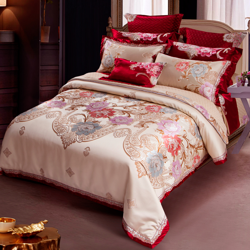 高档欧式婚庆四件套床上用品奢华大红刺绣贡缎六八十件套结婚床品