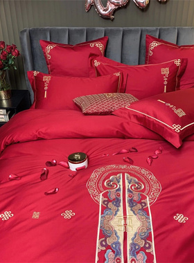 新中式婚庆60支长绒棉四件套大红色双喜刺绣纯棉被套结婚床上用品