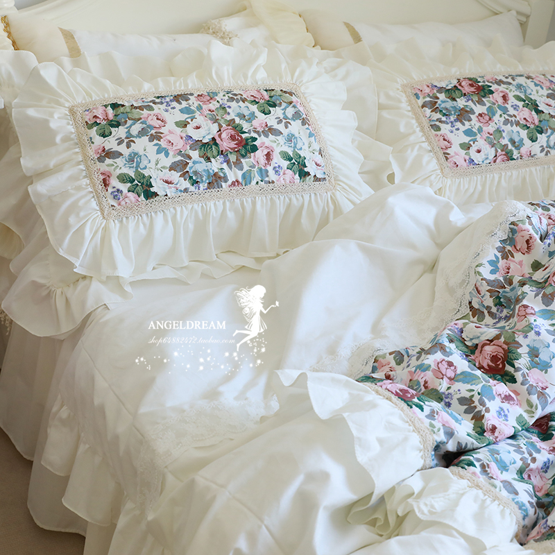 게으른휴가︱韩版欧洲油画公主奶白全棉床上用品荷叶边床裙四件套
