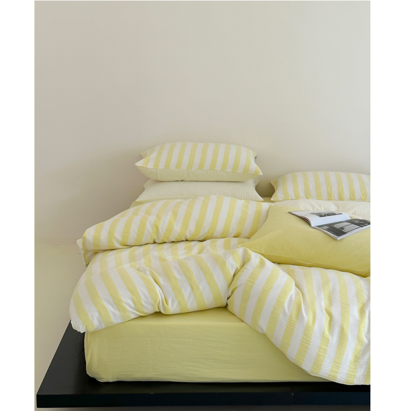 A类皱皱纱床上四件套韩系条纹100全棉纯棉床单被套INS简约床品1.8