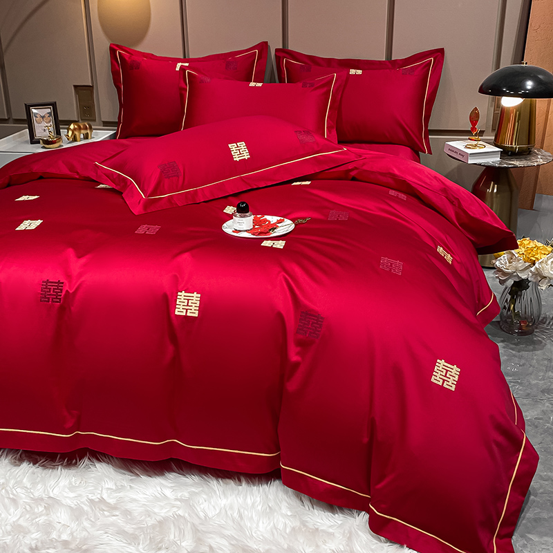 结婚四件套婚庆婚房喜被床单刺绣被套被单婚礼欧式大红色床上用品