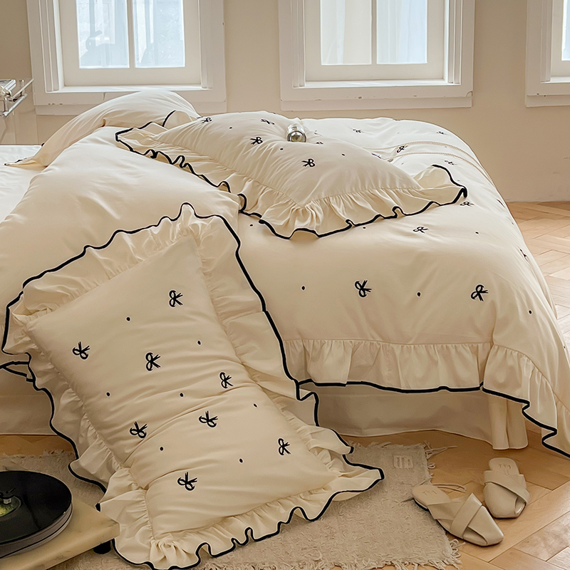 纯色全棉长绒棉贡缎四件套纯棉高档花边床单被套刺绣简约床上用品