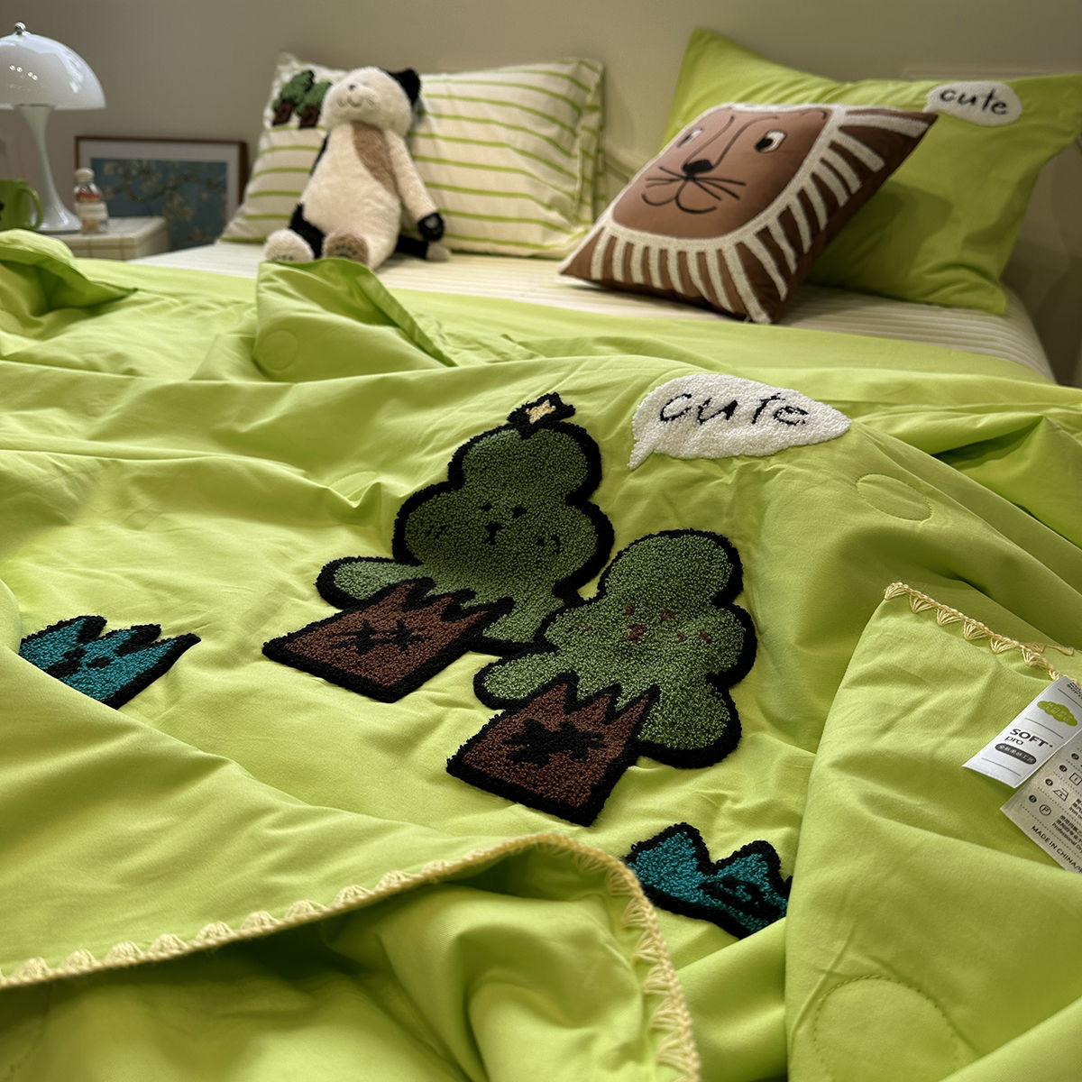 可爱卡通绿色发财树夏凉被空调被纯棉全棉可机洗夏被四件套薄被子
